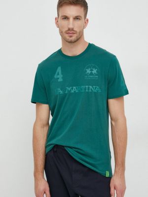 Памучна тениска с дълъг ръкав с принт La Martina зелено