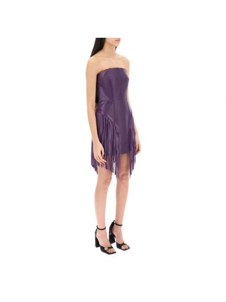 Sukienka mini z frędzli skórzana Versace fioletowa