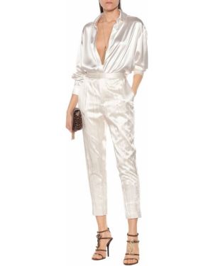 Pantaloni dritti di raso di seta plissettati Saint Laurent bianco