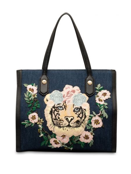 Tigrovaná nákupná taška s výšivkou Gucci Pre-owned modrá