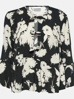 Блузка в цветочек с принтом из крепа Ganni черная
