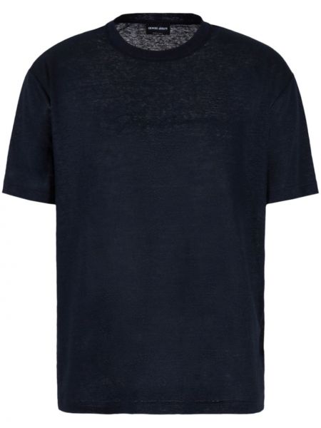 Lniana haftowana koszulka Giorgio Armani niebieska