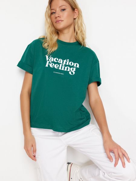 Raštuotas megztas medvilninis marškinėliai Trendyol žalia