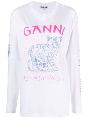 Βαμβακερή μπλούζα με σχέδιο Ganni λευκό
