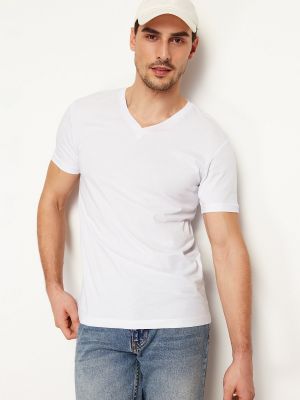 Kokvilnas polo krekls ar v veida izgriezumu Trendyol balts