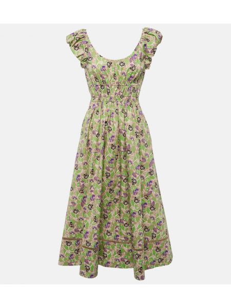 Pamučni haljina s prorezom s cvjetnim printom Tory Burch zelena
