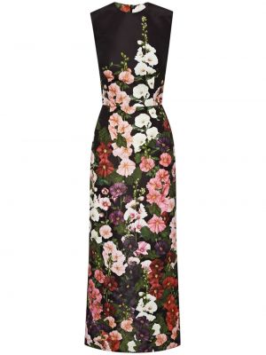 Kvetinové koktejlkové šaty bez rukávov s potlačou Oscar De La Renta čierna