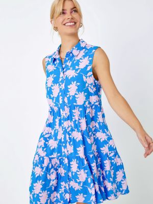 Платье-рубашка без рукавов в цветочек с рюшами D.u.s.k синее