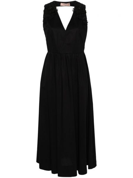 Pamučna midi haljina s cvjetnim printom s čipkom Twinset crna