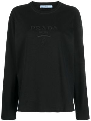 Černé bavlněné tričko s výšivkou Prada