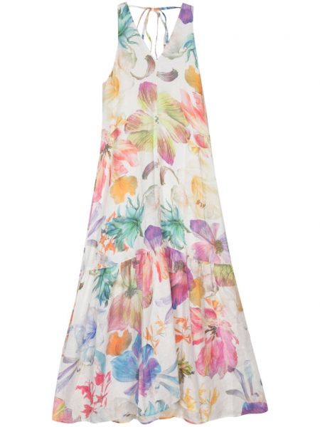 Lniana sukienka długa w kwiatki z nadrukiem 120% Lino biała