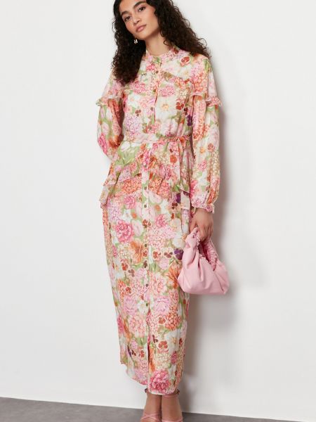 Pletené kvetinové šifonové šaty Trendyol ružová