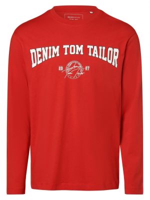 Koszula jeansowa bawełniana z nadrukiem z długim rękawem Tom Tailor Denim czerwona