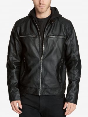 Кожаная куртка с капюшоном из искусственной кожи Guess черная