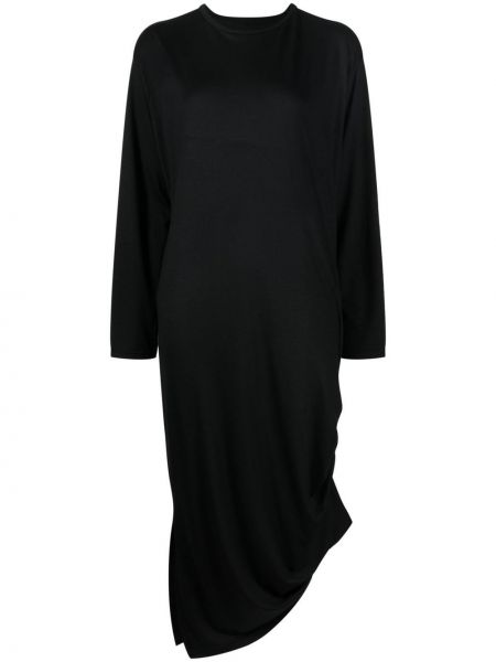 Bavlněné dlouhé šaty s dlouhými rukávy s kulatým výstřihem Yohji Yamamoto - černá