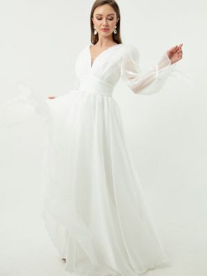 Вечерна рокля с v-образно деколте с буфан ръкави Lafaba бяло