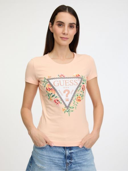 Květinové slim fit tričko Guess oranžové