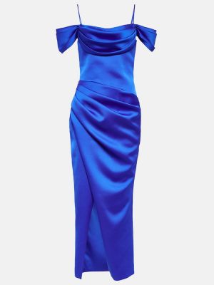 Satynowa sukienka długa drapowana Rasario niebieska