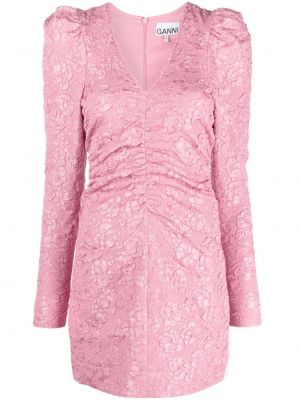 Φλοράλ φόρεμα ζακάρ Ganni ροζ
