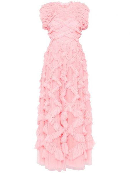 Večernja haljina s volanima Needle & Thread ružičasta