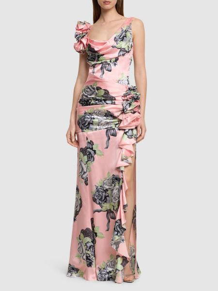 Копринена сатенена вечерна рокля с принт Alessandra Rich розово