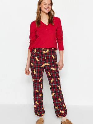 Dzianinowa piżama w kratkę z nadrukiem Trendyol czerwona