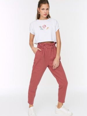 Voľné džínsy s vysokým pásom Trendyol ružová