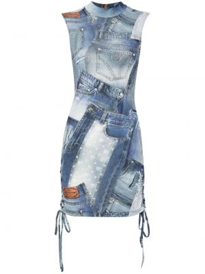 Krajkové šněrovací džínové šaty s potiskem Chiara Ferragni modré