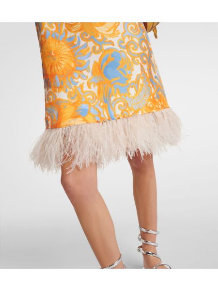 Svilena haljina sa perjem s printom La Doublej žuta
