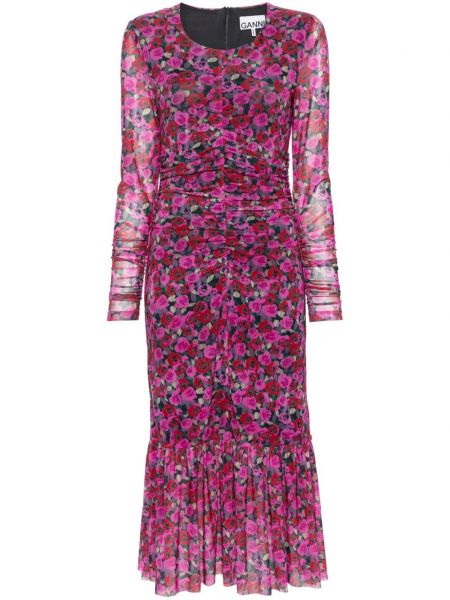 Мрежеста макси рокля на цветя Ganni виолетово