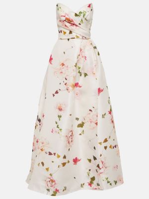 Květinové hedvábné dlouhé šaty Monique Lhuillier bílé