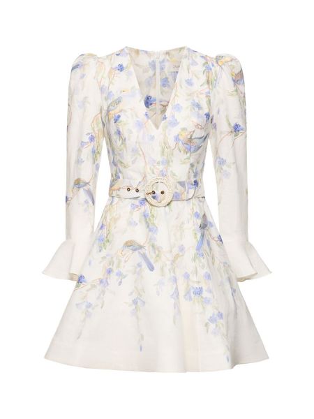 Lanena mini obleka s cvetličnim vzorcem Zimmermann bela