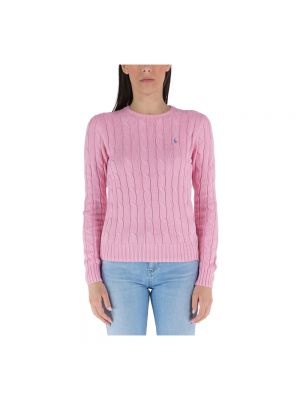 Dzianinowy sweter bawełniany z dekoltem w serek Polo Ralph Lauren różowy