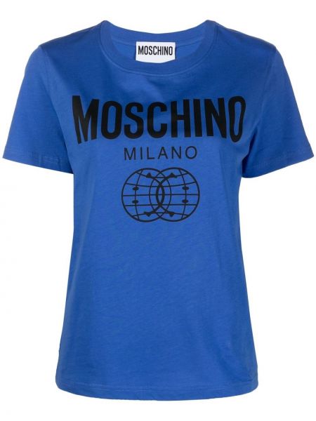 Bombažna majica s potiskom Moschino modra