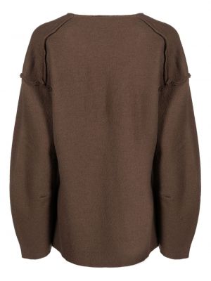 Sweter wełniany z wełny merino z dekoltem w serek Rus brązowy