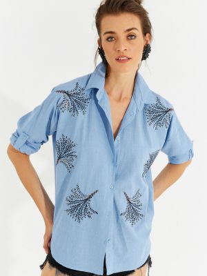 Lanena srajca z vezenjem Cool & Sexy modra