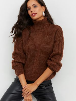 Ažūra džemperis ar augstu apkakli Cool & Sexy brūns