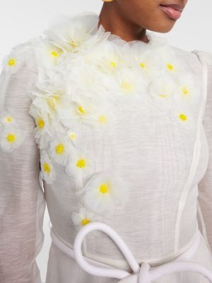 Květinové hedvábné lněné midi šaty Zimmermann bílé