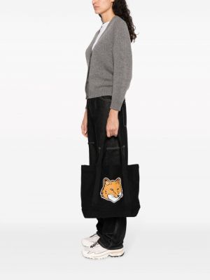 Shopper handtasche aus baumwoll mit print Maison Kitsuné schwarz