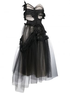 Asimetriškas gėlėtas suknele kokteiline iš tiulio Maison Margiela juoda