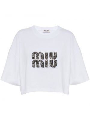Памучна тениска с кристали Miu Miu бяло