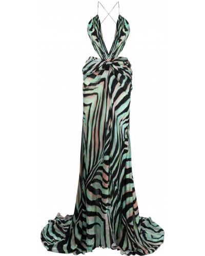 Večerní šaty s otevřenými zády s potiskem se zebřím vzorem Roberto Cavalli zelené