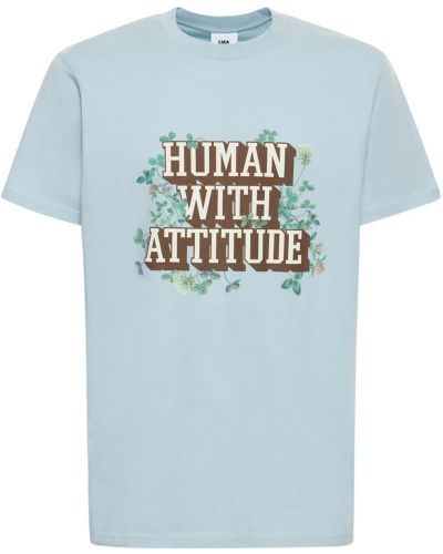 Koszulka bawełniana w kwiatki z dżerseju Human With Attitude niebieska