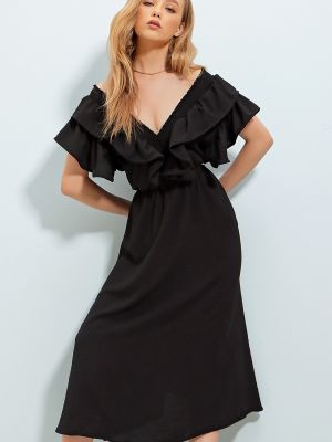 Трикотажна сукня міді з рюшами Trend Alaçatı Stili чорна