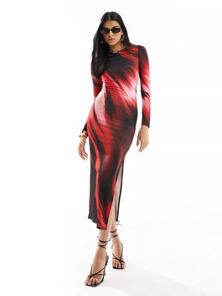 Длинное платье с принтом с длинным рукавом Miss Selfridge красное