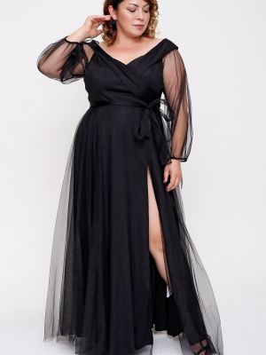 Rochie lunga cu șireturi din tul cu mâneci balon By Saygı negru