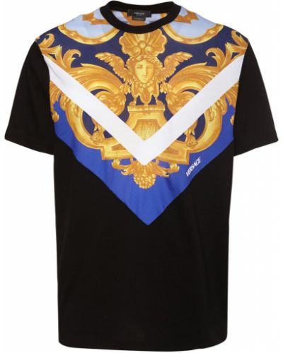 Памучна тениска с принт от джърси Versace синьо