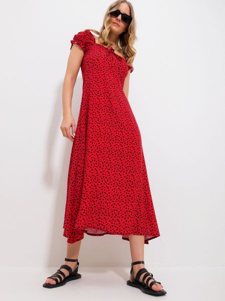 Φλοράλ φόρεμα από λυγαριά Trend Alaçatı Stili κόκκινο