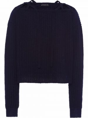 Вълнен пуловер с връзки с дантела Prada синьо