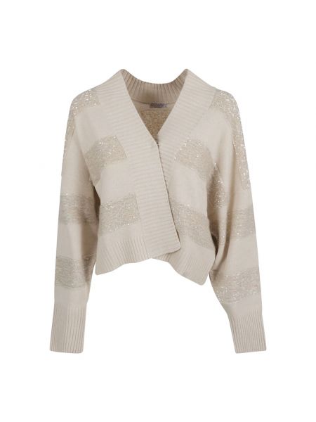 Jedwabny sweter wełniany w paski Brunello Cucinelli beżowy